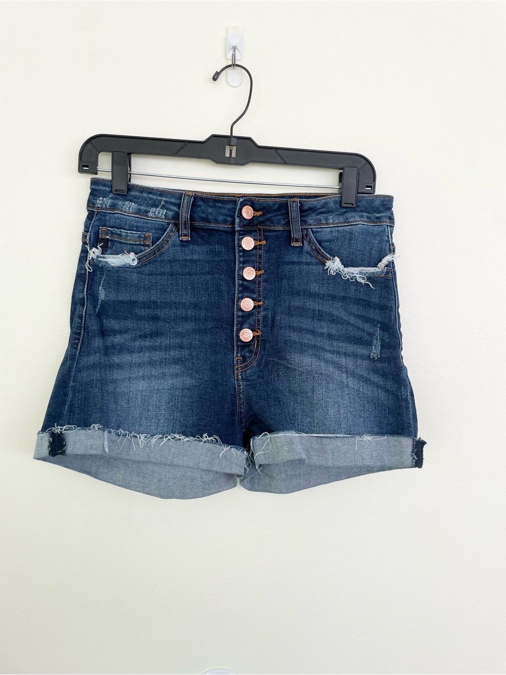 KanCan Dark Wash Denim Raw Edge Shorts L Large Button Fly Cotton